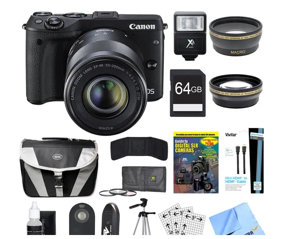 Canon EOS M3 + EF-M 18-55mm IS STM + EF-M 55-200mm STM + 64GB Deluxe Bundle