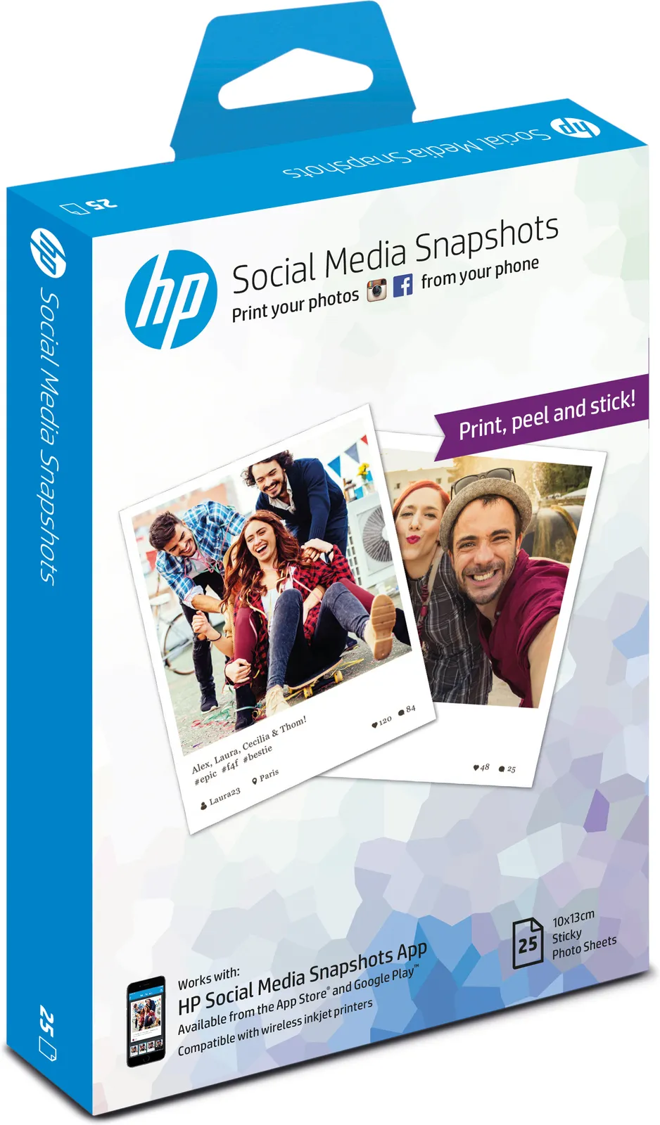 HP Social Media Snapshots Removable Sticky Photo Paper-25 sht/10 x 13 cm